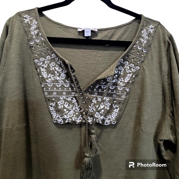 WESTPORT 2X Cotton Blend Olive Green Boho 3/4 Sleeve Embroidered Tassle V Neck - Picture 3 of 6